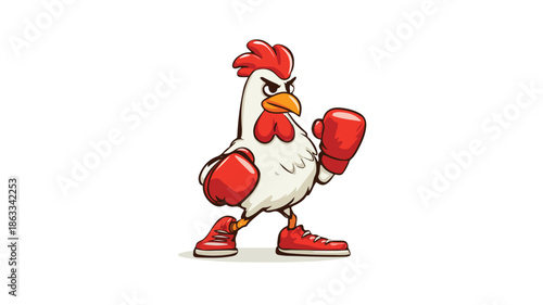 Adorable Chicken Boxing Cartoon with Outline, Isolated on White Background