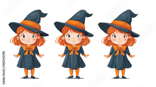 Adorable Witch Costume Vector Illustration of Young Girl with Outline Isolated