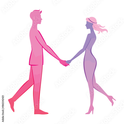 Vector illustration of a glamourous young couple dancing tango where a lady in a pink fashion dress and a man with style perform an artistic silhouette dance at a wedding party