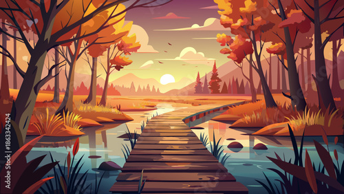 Very beautiful autumn sunrise over a wooden path crossing a quiet swamp, showcasing misty light and untouched wilderness scenery in Finland.