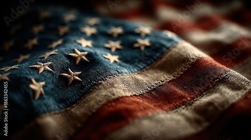 Close-up of American flag waving, filling the frame with its colors, symbol of patriotism