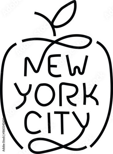 Artistic black and white line illustration featuring the iconic phrase 'New York City' elegantly integrated into a whimsical apple silhouette, symbolizing urban charm and graphic design