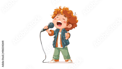 Rocker Boy Singing Cartoon Vector with Outline Isolated on White Background