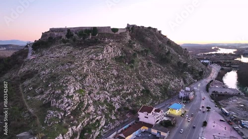 Albania Shkoder Rozafa castle and city, winter landscape after sunset