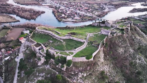 Albania Shkoder Rozafa castle and city, winter landscape after sunset