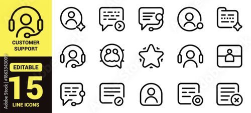 Minimalist black line icon set representing communication, customer support, messaging, user interaction, and feedback systems