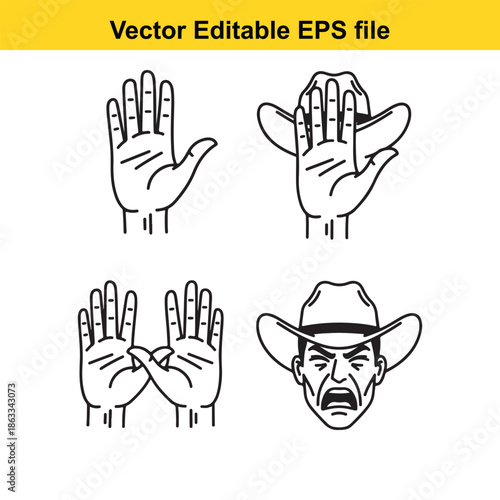 Four hand gestures and a cowboy face