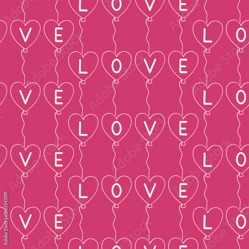 Seamless pattern of hand drawn heart love balloons on isolated background. Simple romantic design for Valentine’s Day, wedding and mother’s day celebration, greeting card, home decor, textile, print.