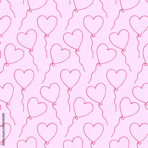 Seamless pattern of hand drawn heart love balloons on isolated background. Simple romantic design for Valentine’s Day, wedding and mother’s day celebration, greeting card, home decor, textile, print.