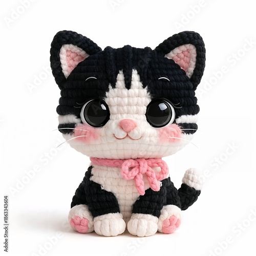 Cute handmade crocheted kitten toy isolated on white background. Cozy lifestyle concept, childhood comfort, soft texture, adorable design for decor or gifts.