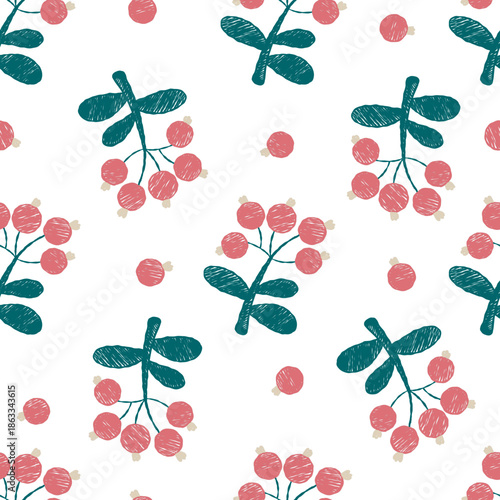 Seamless Floral Crayon Pattern. Red Berries Background. Primitive Hand-Drawn Doodle Ornament