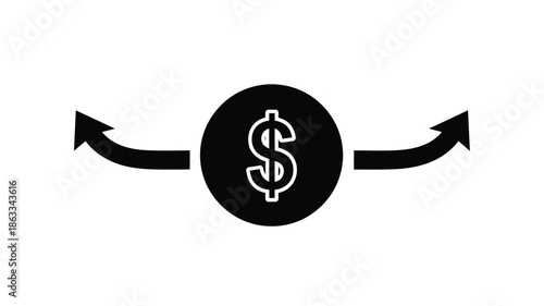 A simple black and white icon depicting a dollar sign with opposing arrows