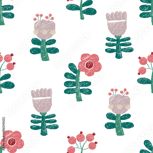 Seamless Pattern Crayon Flowers on white background. Hand-Drawn Primitive Floral Ornament