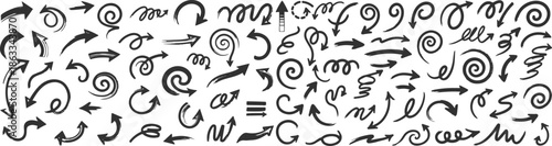 Hand drawn grunge arrows set. Sketchy ink brush stroke pointers collection. Doodle spiral and direction elements vector bundle.