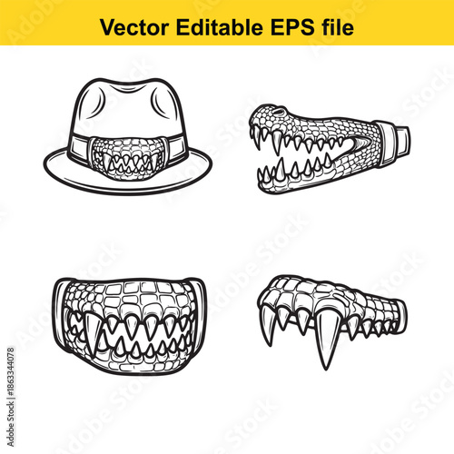 Illustrations of crocodile mouths and hat