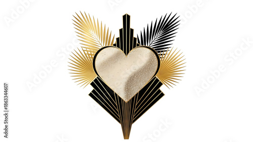 Golden heart art deco design with black and gold background isolated on transparent background