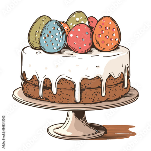 Easter cake vector illustration with decorated eggs