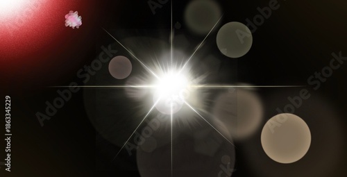 Bright abstract light flare with glowing bokeh circles on dark background