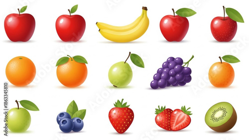 Various Fresh Fruits Collection Isolated on White Background, Realistic Vector Illustration