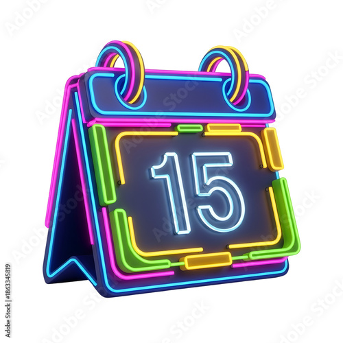 Neon Calendar Icon with Number 15 on Dark Blue Background 3D Render