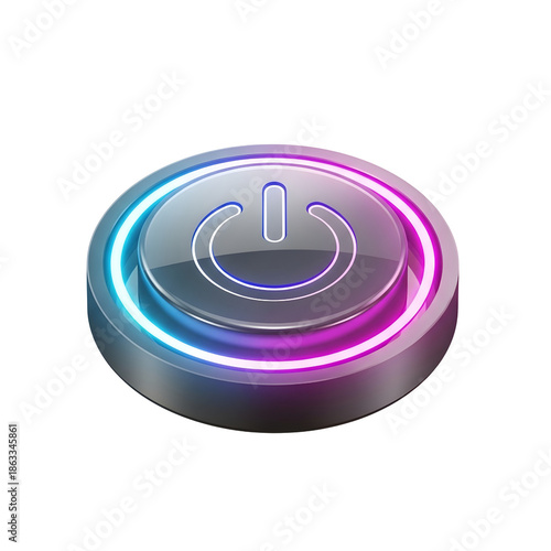 Metallic Power Button with Glowing Blue and Purple Neon Light Isolated on White