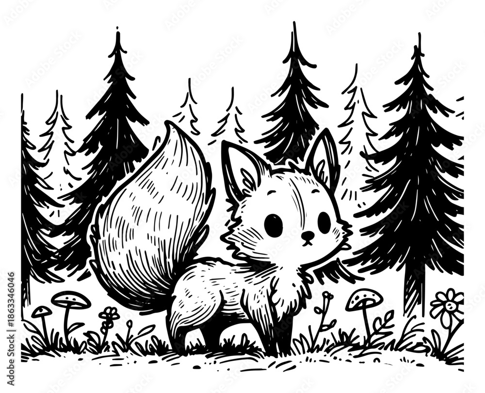 Obraz premium Cute fox standing in pine forest with mushrooms, woodland wild animal sketch vector illustration