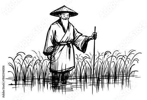 Traditional asian farmer standing in rice paddy field, rural agriculture worker sketch vector illustration