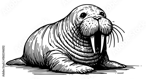 Walrus with big tusks lying down, realistic wild arctic animal sketch, engraving style vector illustration