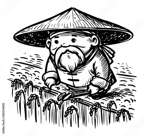 Cute old asian farmer working in rice field, traditional agriculture harvest cartoon sketch vector illustration