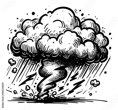 Tornado storm with lightning and dark clouds, natural disaster weather concept sketch vector illustration
