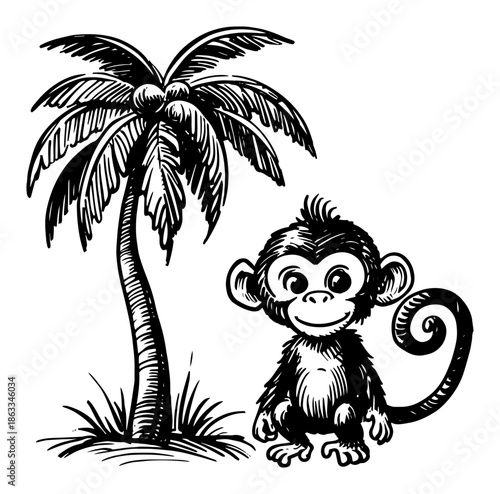 Photography Cute monkey sitting under palm tree, tropical jungle animal cartoon sketch vecto