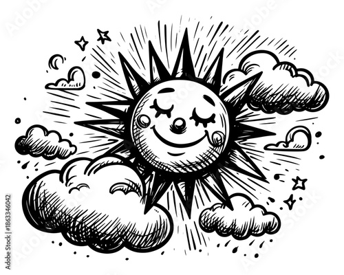 Cute smiling sun sleeping in clouds with stars, celestial weather mascot sketch vector illustration