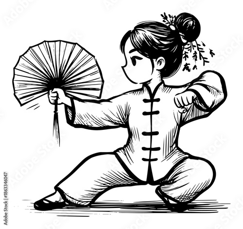 Asian woman practicing Tai Chi martial arts with fan, traditional Chinese culture sketch vector illustration