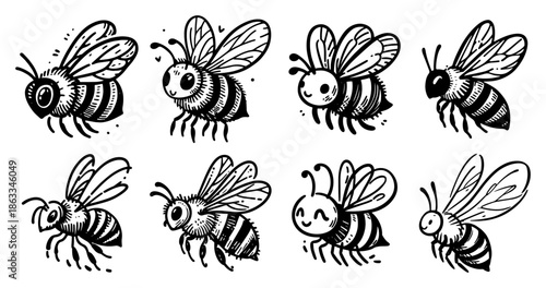 Set of cute flying honey bees, cartoon insect character collection sketch vector illustration