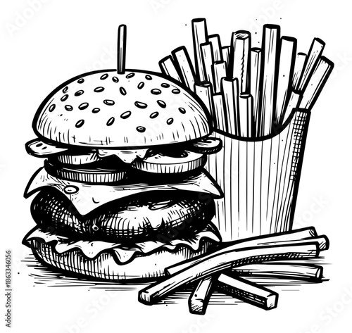 Delicious burger with french fries, fast food meal menu, hand drawn engraving style sketch vector illustration