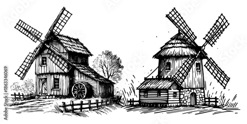 Old wooden windmills in rural landscape, traditional countryside architecture sketch vector illustration