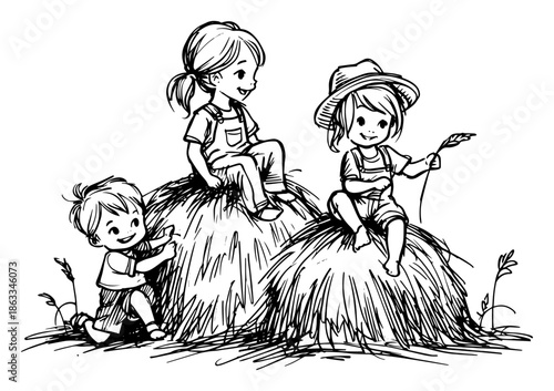 Happy children playing on haystacks, kids sitting on straw bales at farm, rural childhood sketch vector illustration