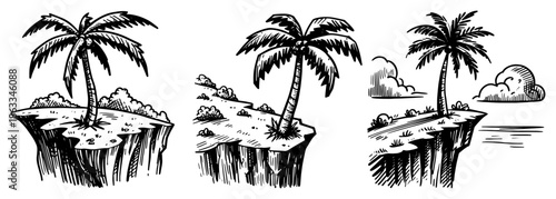 Palm trees on rocky island cliffs, set of tropical sea beach landscapes sketch vector illustration