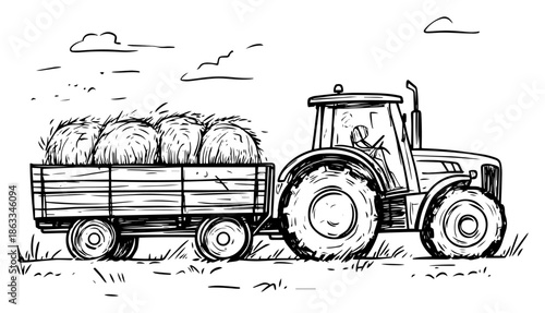 Tractor pulling trailer with hay bales, agriculture harvest farm sketch vector illustration