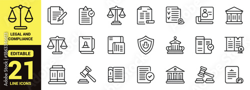 Black line icon set representing legal concepts, justice system, law documents, courthouse, and judicial tools