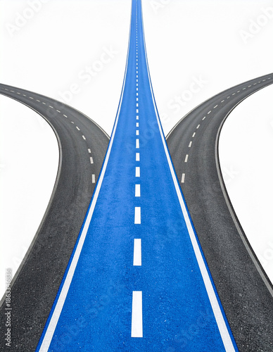 Conceptual image of a blue road going straight while two dark roads curve aside, symbolizing focus, decision making, leadership, strategy, and choosing the right path in business, career, and life.