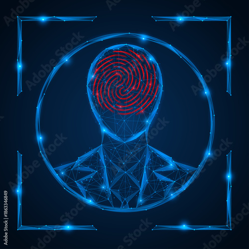 Biometric identification. A fingerprint in the silhouette of a human head. The interface for face recognition and scanning. Polygonal design of lines and dots, blue background.
