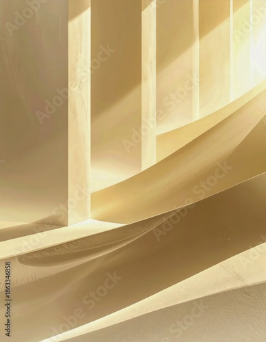 Patterns of light and shadow create shapes and textures in a golden space during midday