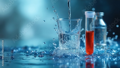 Water sample poured into glass beaker with test tube containing red liquid nearby. Liquid splashes create dynamic motion. Laboratory equipment suggests scientific analysis for purity.