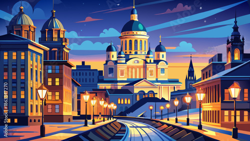 Very beautiful nighttime panorama of Kanavaranta Street illuminated beside Uspenski Cathedral, creating a dramatic and elegant city scene in Helsinki, Finland.