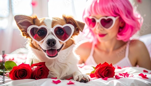 Playful scene featuring a small dog wearing heart-shaped sunglasses, sitting on a bed decorated with red roses. A person with a pink wig and matching heart-shaped sunglasses is partially visible.