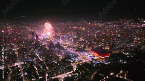 Albania Tirana night fireworks for new year view from lake 2026