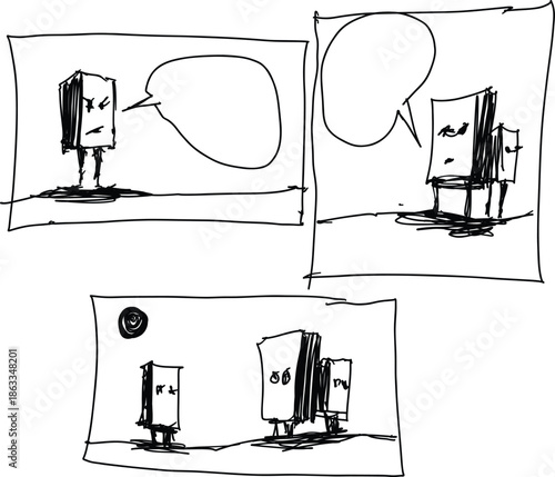 hand drawn drawing of three cartoon strips with robots interacting