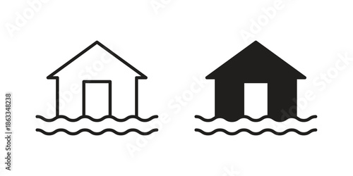 Flooded house icons concept. Vector Line Icon Design. Simple flat style