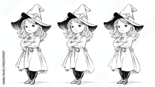 Adorable Little Girl in Witch Costume Vector with Outline for Halloween Celebration